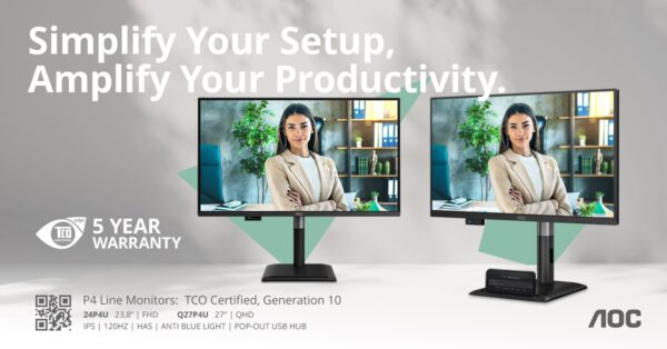 AOC P4: monitoare profesionale cu certificare TCO gen 10, 120 Hz și huburi USB de tip “pop-out” integrate